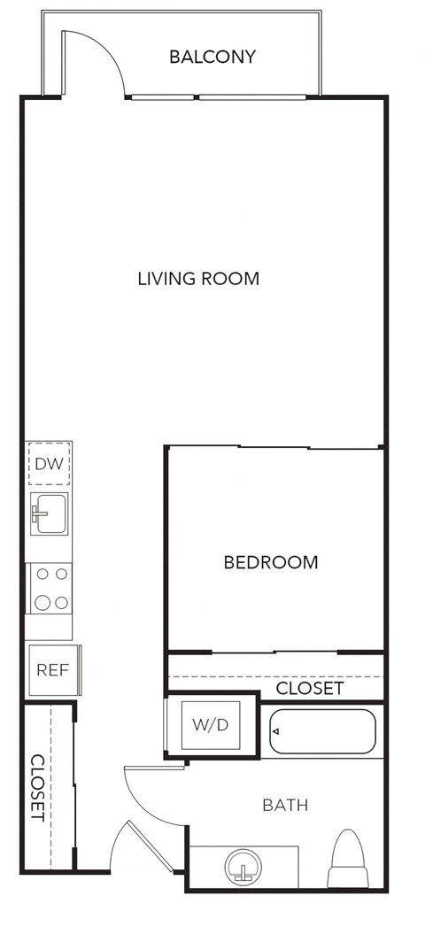 Floor plan for 1 bed, 1 bath, 672 sqft